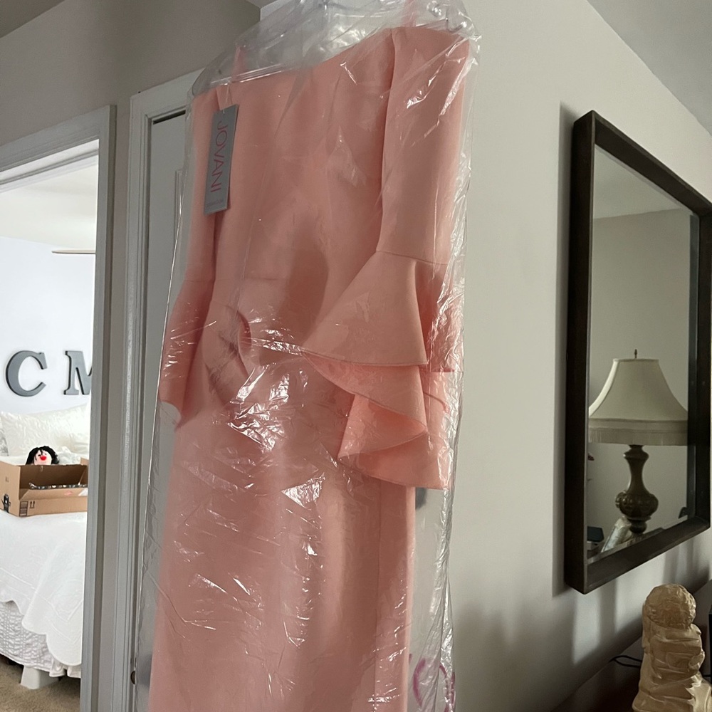Jovani Peach Off-Shoulder Ruffle Sleeve Midi Dress